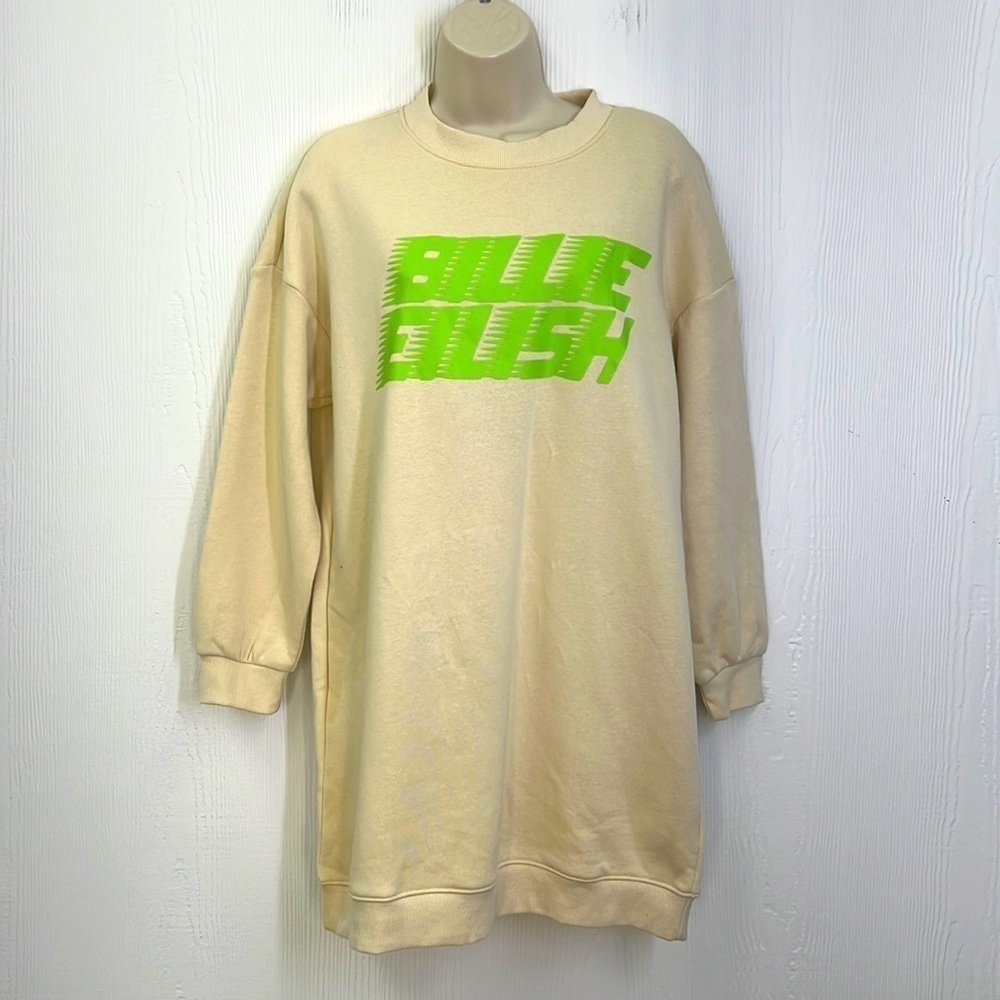 H&M - Billie Eilish Lime Green Graphic Tan Long Sleeve Sweatshirt Dress Size SM